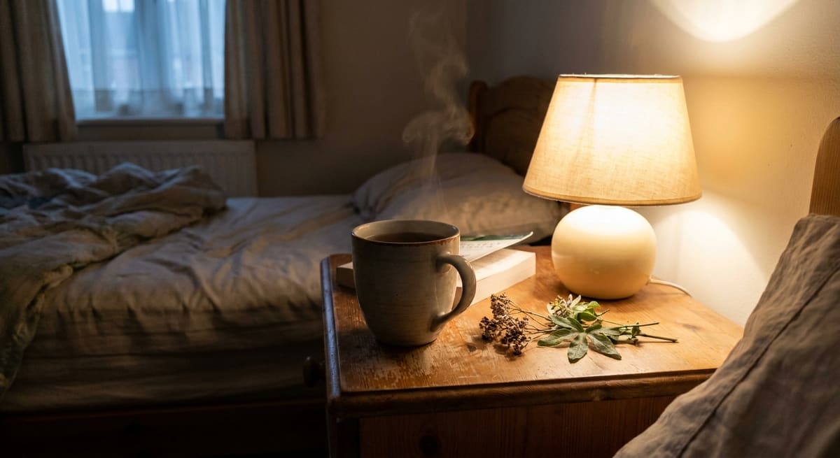 Tisane de plantes pour mieux dormir posée sur une table de chevet le soir