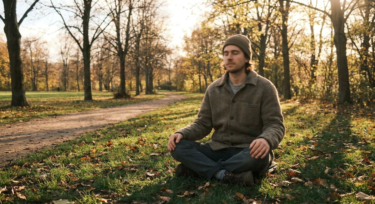 Personne méditant en extérieur dans un parc pour réduire le stress au quotidien