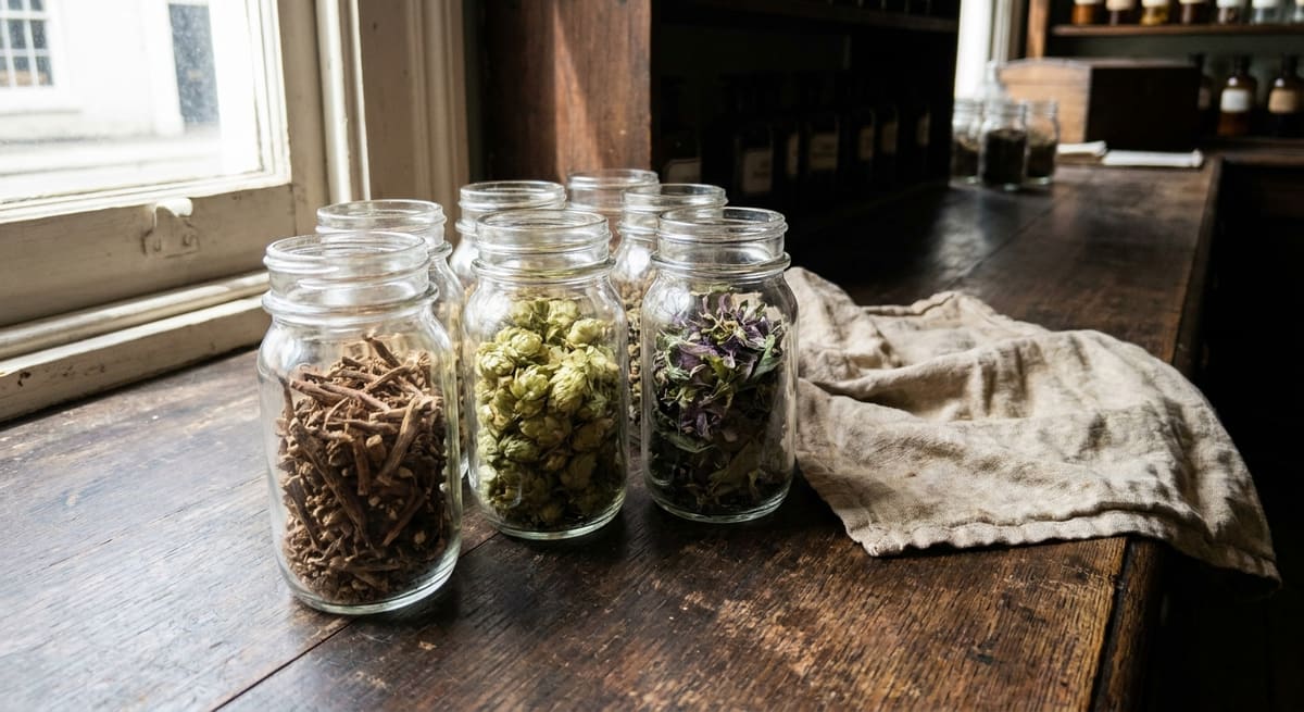 Plantes séchées de valériane, houblon et passiflore utilisées pour préparer une tisane sommeil