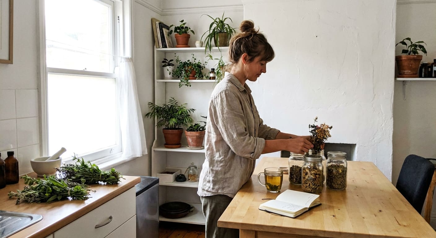 Naturopathe préparant des plantes médicinales et tisanes dans un cabinet lumineux