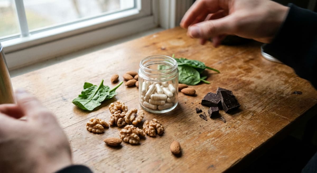 Gélules de magnésium contre la fatigue posées à côté d'aliments riches en minéraux